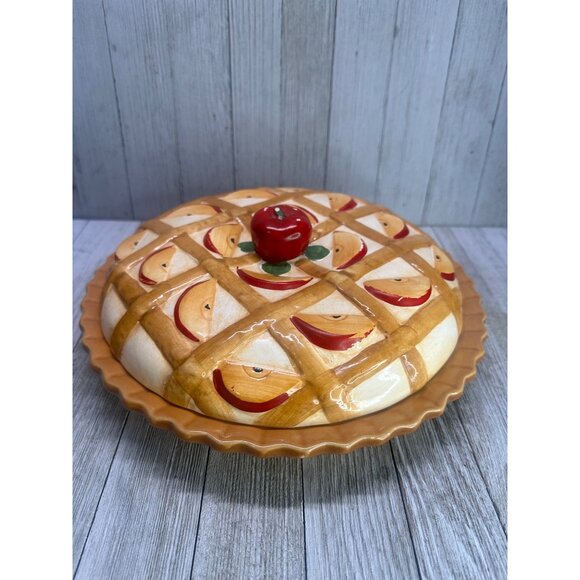 Vintage Apple Pie Plate Covered Keeper Dish Ceramic with Lid 10.5" DIA Country - Picture 4 of 9